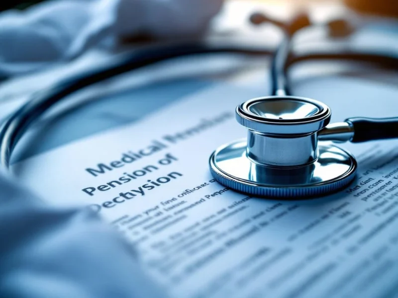 Stethoskop auf medizinischen Rentendokumenten mit Arztkittel im Hintergrund für Karriereplanung im Gesundheitswesen