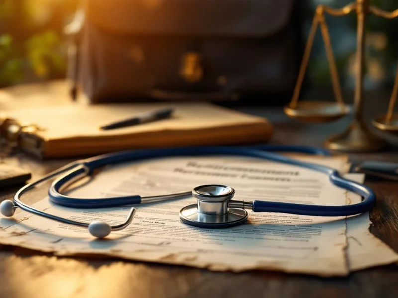 Stethoskop auf Rentenpapieren und Arztdokumenten auf Holzschreibtisch mit Waage, symbolisiert Karriere-Ruhestand-Entscheidung