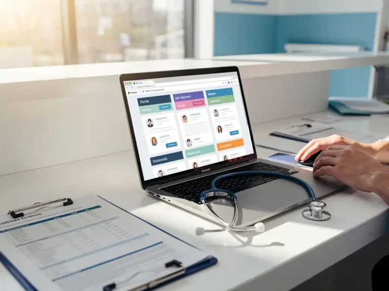 Laptop mit geöffneten Jobportalen auf Krankenhausempfang, Stethoskop auf Tastatur, medizinische Unterlagen daneben