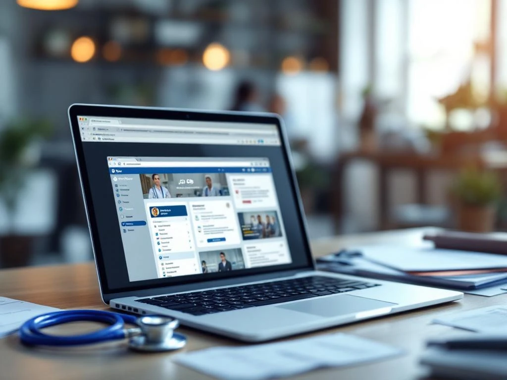 Laptop mit Stellenportalen auf Arztpraxis-Schreibtisch neben Stethoskop und medizinischen Dokumenten