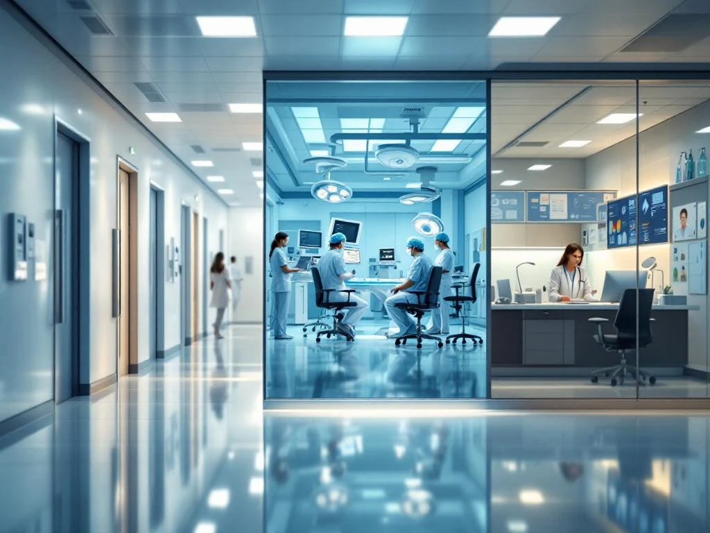 Drei medizinische Umgebungen in diagonaler Anordnung: Krankenhauskorridor, Operationssaal und Arztpraxis in professioneller Beleuchtung