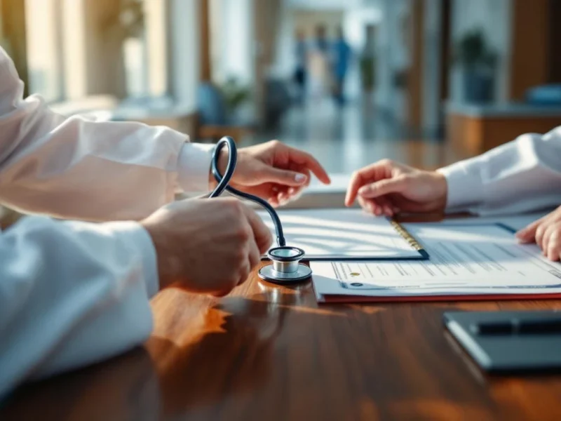 Arzt in weißem Kittel reicht Stethoskop und Dokumente über Mahagoni-Schreibtisch in professioneller Klinikumgebung