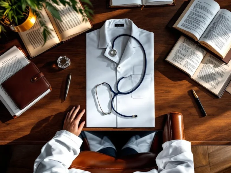 Eleganter Arztarbeitsplatz von oben mit Mahagonischreibtisch, weißem Kittel, Stethoskop und medizinischen Fachzeitschriften