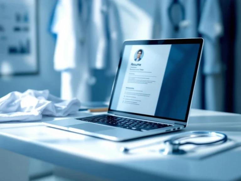 Laptop mit modernem Lebenslauf-Template auf weißem Schreibtisch, umgeben von Stethoskop und Arztkittel