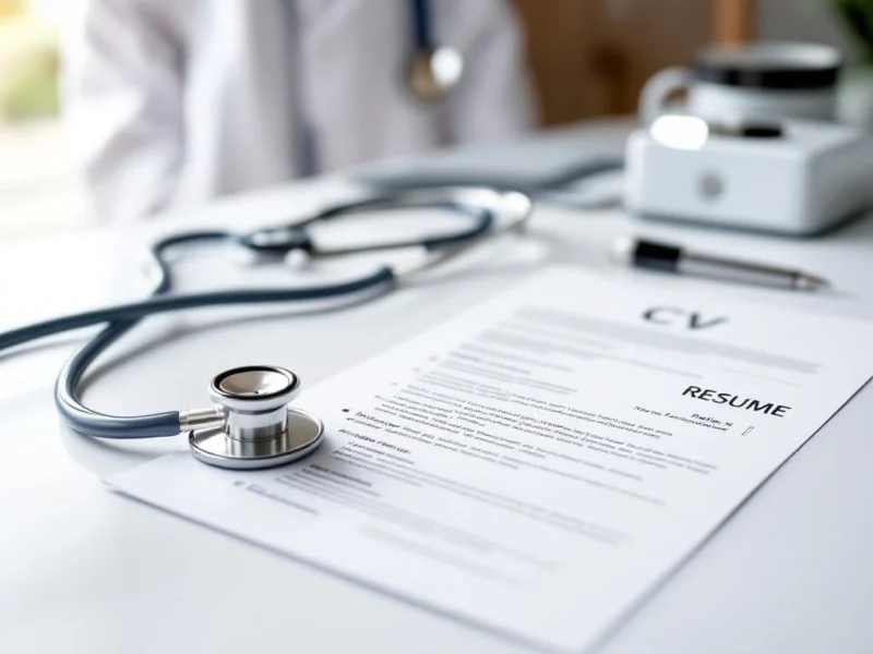 Medizinischer Lebenslauf auf weißem Schreibtisch mit Stethoskop, Arztkittel und medizinischen Instrumenten