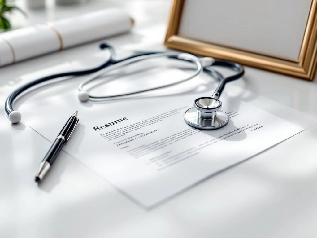 Medizinischer Lebenslauf auf weißem Schreibtisch mit Stethoskop, schwarzem Stift und gerahmtem Diplom im Hintergrund