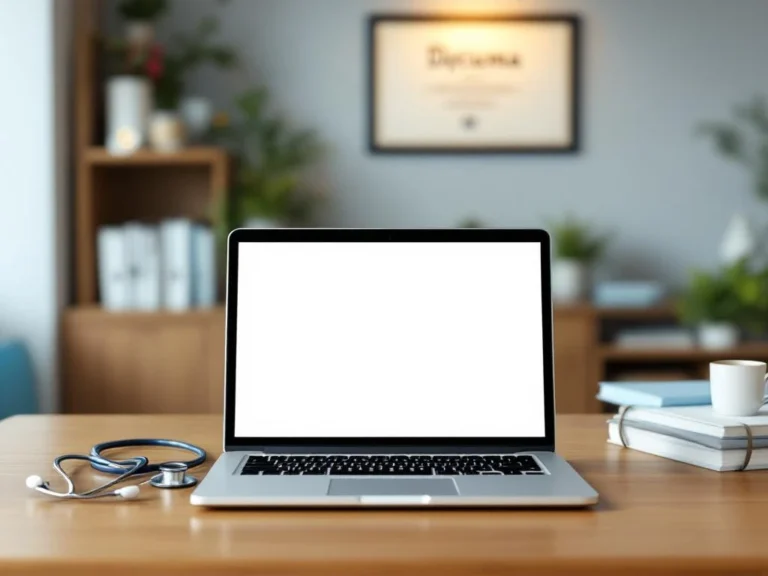 Laptop mit Lebenslauf-Vorlage auf Holzschreibtisch in Arztpraxis, umgeben von Stethoskop und medizinischen Lehrbüchern