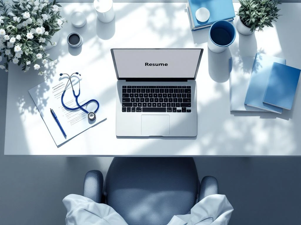 Laptop mit Lebenslauf-Vorlage auf weißem Schreibtisch, umgeben von Stethoskop, Arztkittel und medizinischen Dokumenten