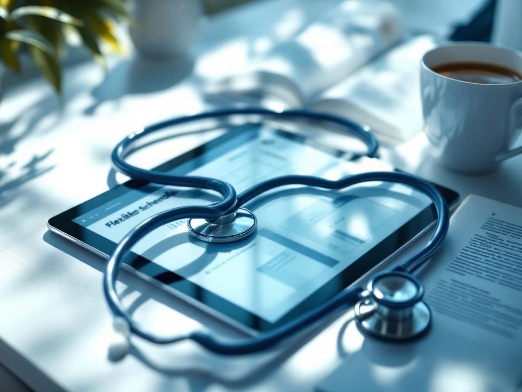 Stethoskop auf Tablet mit Arbeitsplan-App neben Kaffeetasse auf weißem Schreibtisch in modernem Arztbüro