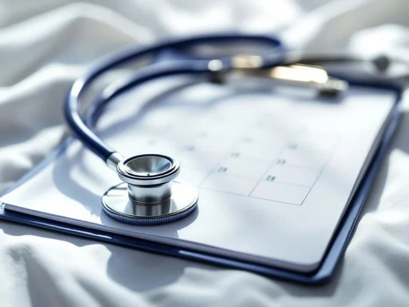 Stethoskop liegt auf offenem Terminkalender neben weißem Arztkittel in medizinischer Praxis