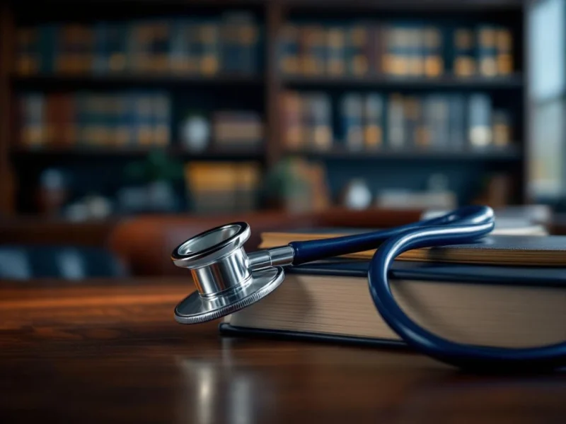 Stethoskop auf medizinischen Lehrbüchern auf Mahagoni-Schreibtisch in luxuriöser Arztpraxis mit warmem Licht