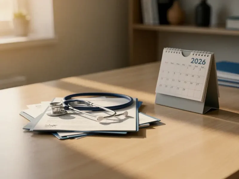 Stethoskop liegt auf gestapelten Bewerbungsunterlagen neben Kalender 2026 auf Holzschreibtisch in Arztpraxis