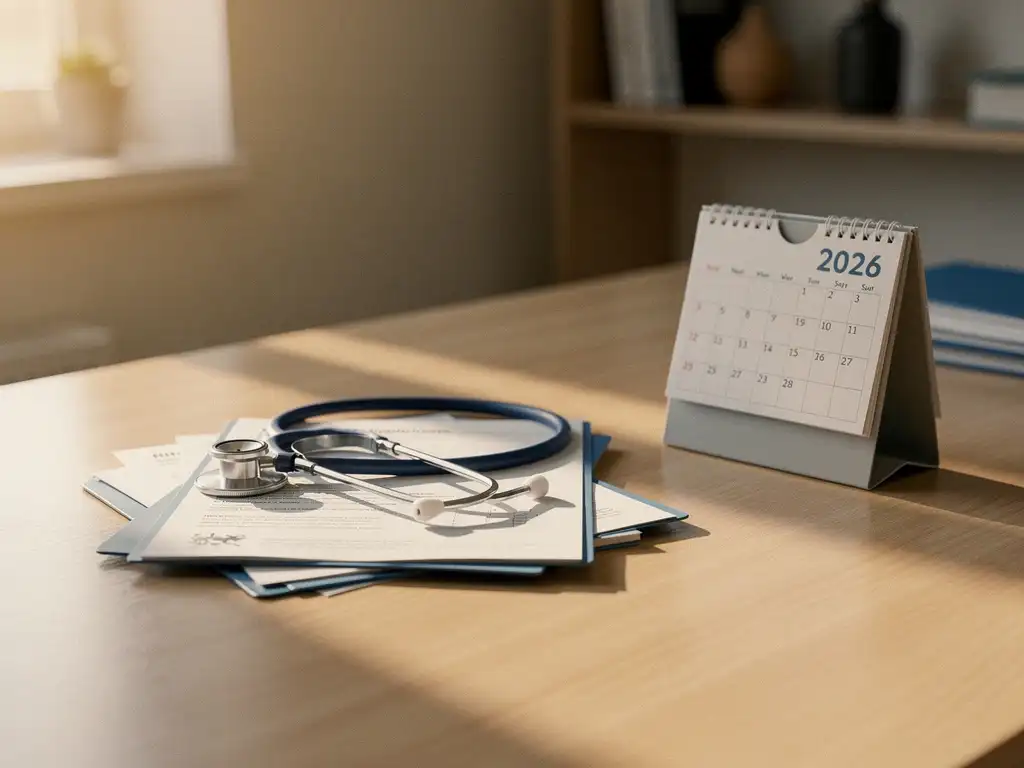 Stethoskop liegt auf gestapelten Bewerbungsunterlagen neben Kalender 2026 auf Holzschreibtisch in Arztpraxis