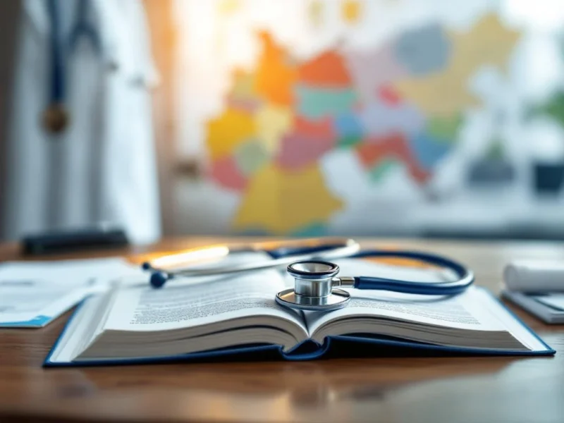 Stethoskop auf aufgeschlagenem Medizinbuch am Schreibtisch mit Deutschland-Karte und Arztkittel im Hintergrund