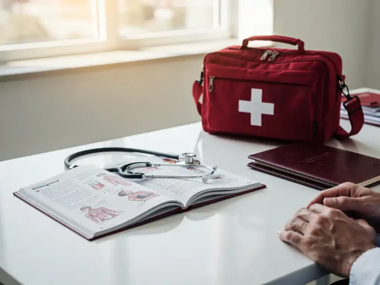 Stethoskop auf aufgeschlagenem Medizinbuch mit Notfallverfahren, rote Notfalltasche und Zertifizierungsdokumente auf Krankenhausschreibtisch