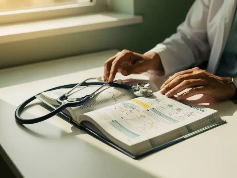 Stethoskop liegt auf aufgeschlagenem Palliativmedizin-Lehrbuch, während Arzt Seiten mit Zertifizierungsanforderungen durchblättert