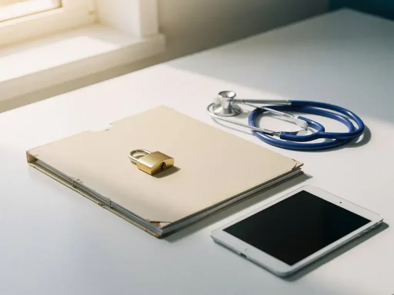 Verschlossene Patientenakte mit Messingschloss auf weißem Klinikschreibtisch neben Stethoskop und Tablet