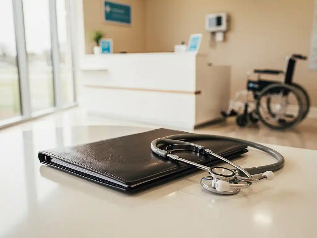 Bewerbungsmappe und Stethoskop auf Empfangstresen einer modernen Rehabilitationsklinik mit Rollstuhl im Hintergrund