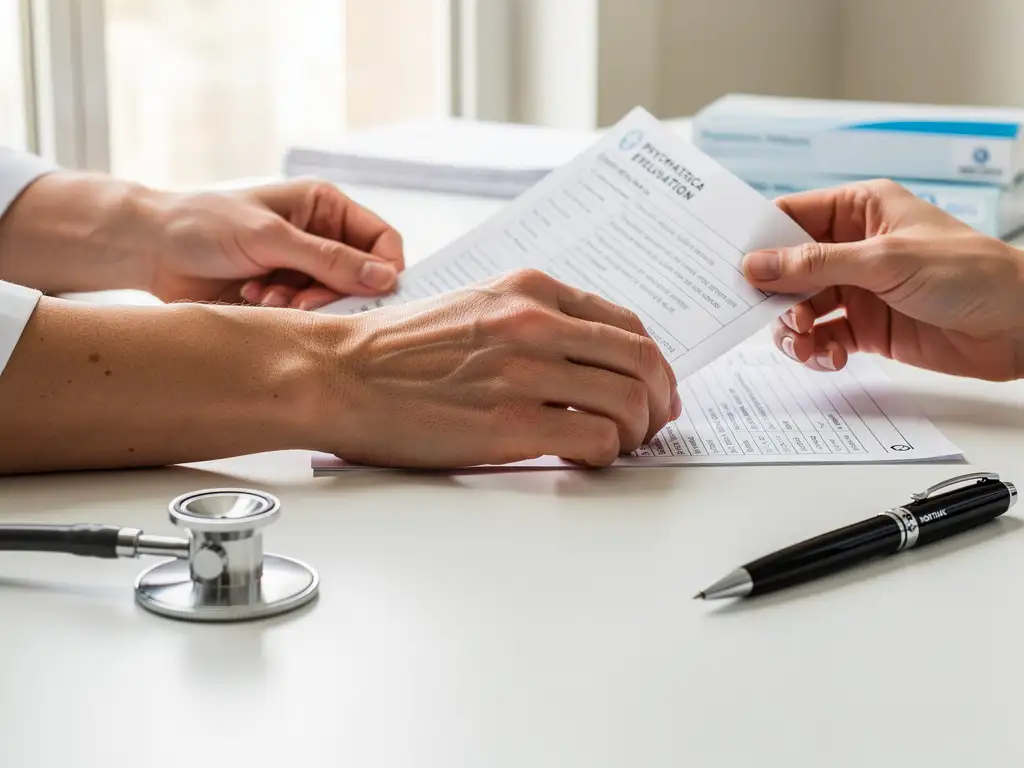 Medizinische Fachkraft prüft psychiatrische Bewertungsformulare am weißen Schreibtisch mit Stethoskop und Füller