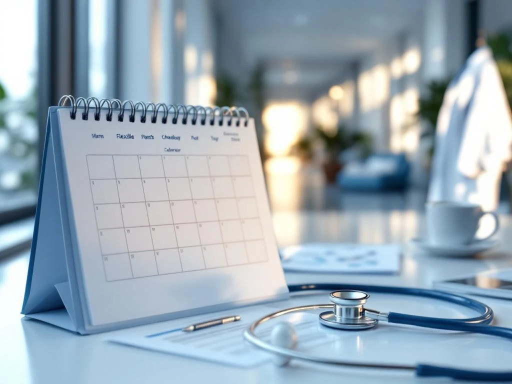Stethoskop auf weißem Schreibtisch neben offenem Terminkalender in modernem Krankenhaus-Arbeitsplatz mit Kittel
