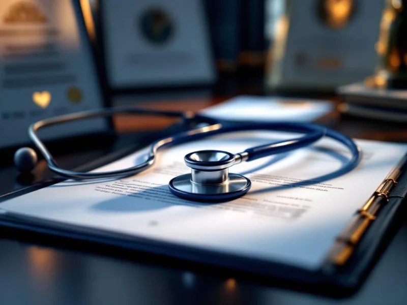 Stethoskop auf Ledermappe mit Dokumenten am Arztschreibtisch, medizinische Diplome im Hintergrund