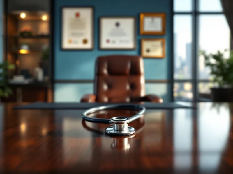Weißes Stethoskop auf Mahagoni-Schreibtisch in modernem Arztbüro mit Lederstuhl und Stadtblick