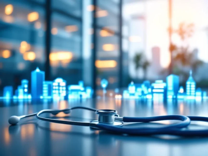 Stethoskop im Fokus mit leuchtenden blauen Pfaden zu verschiedenen Krankenhausgebäuden im Hintergrund
