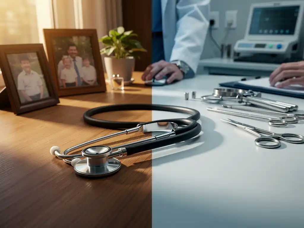 Stethoskop auf Holzschreibtisch zwischen gemütlicher Privatpraxis mit Familienfotos und moderner Krankenhausausstattung