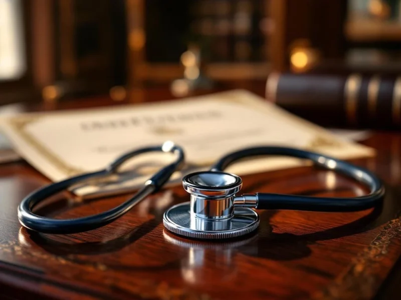 Stethoskop auf Mahagoni-Schreibtisch mit medizinischen Diplomen und Fachbüchern in eleganter Arztpraxis