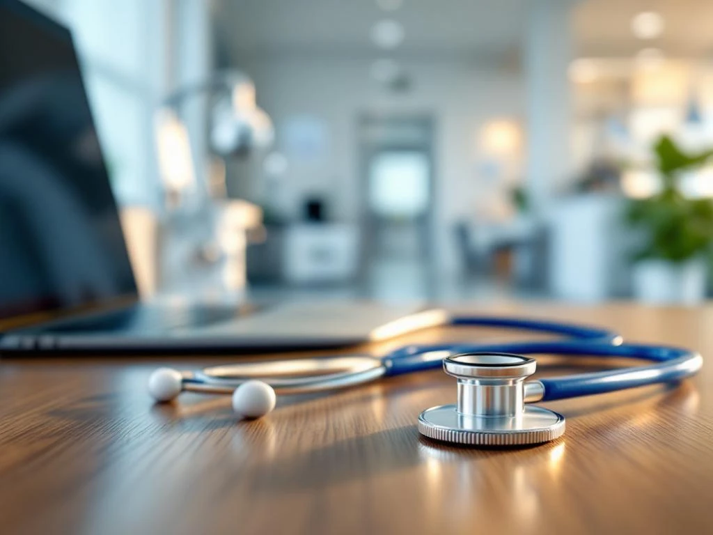 Weißes Stethoskop auf Holzschreibtisch mit Laptop, Krankenhaus-Korridor im Hintergrund, medizinische Arbeitsplatz