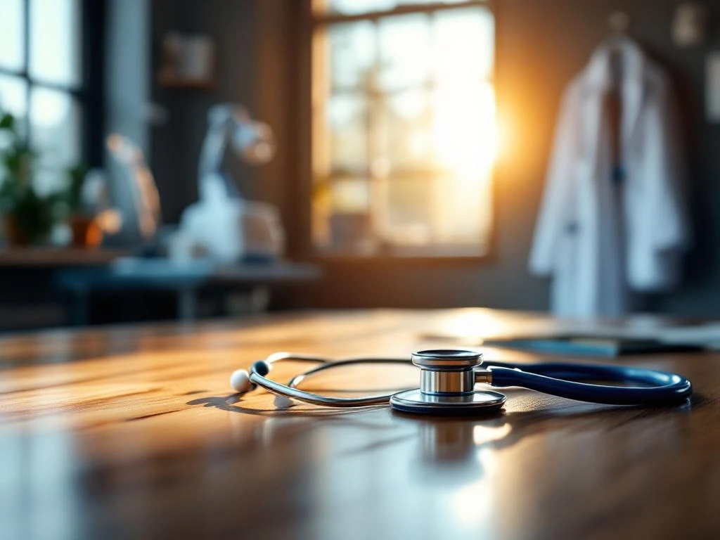 Stethoskop auf Holzschreibtisch in Arztpraxis mit natürlichem Licht und medizinischer Ausrüstung im Hintergrund