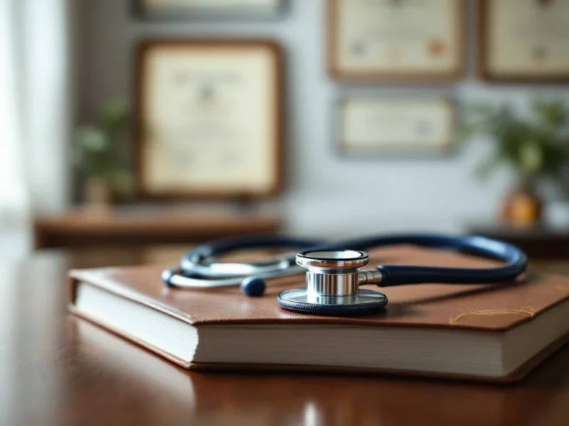 Stethoskop auf Mahagoni-Schreibtisch mit medizinischem Fachbuch und Diplomen im Hintergrund einer Arztpraxis