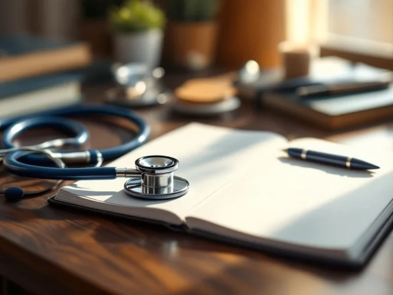 Stethoskop auf Mahagoni-Schreibtisch mit offenem Lederplaner, medizinische Instrumente und Stift in warmem Licht