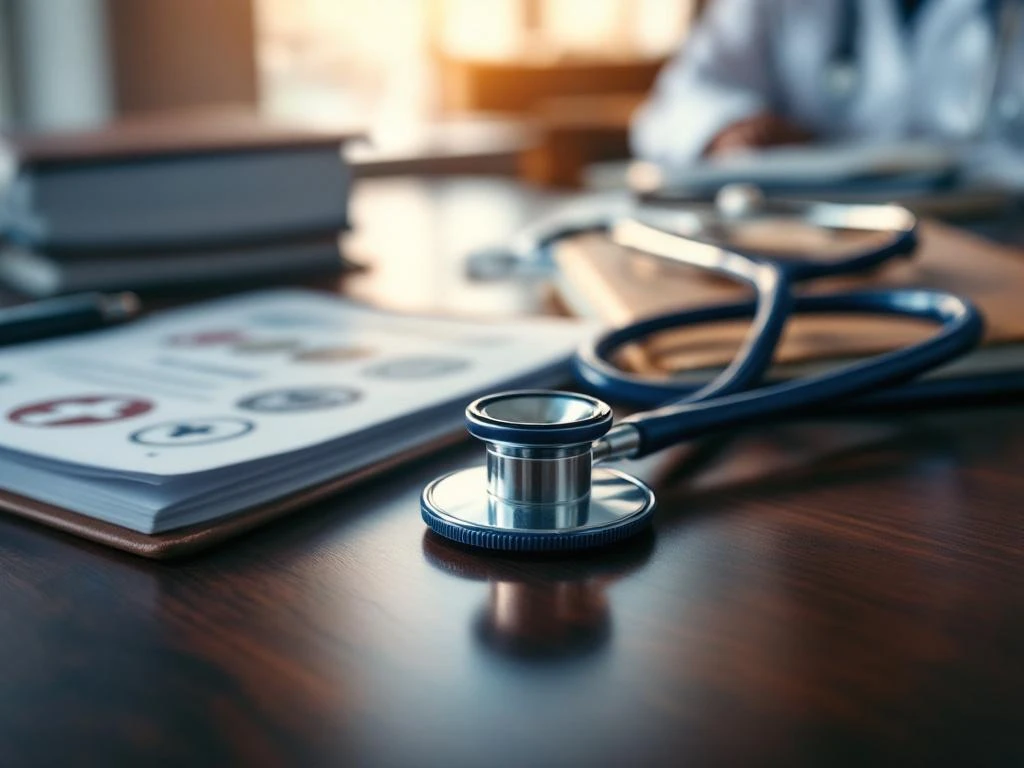 Stethoskop auf Mahagonischreibtisch mit medizinischen Dokumenten und Zertifikaten in professioneller Arztpraxis
