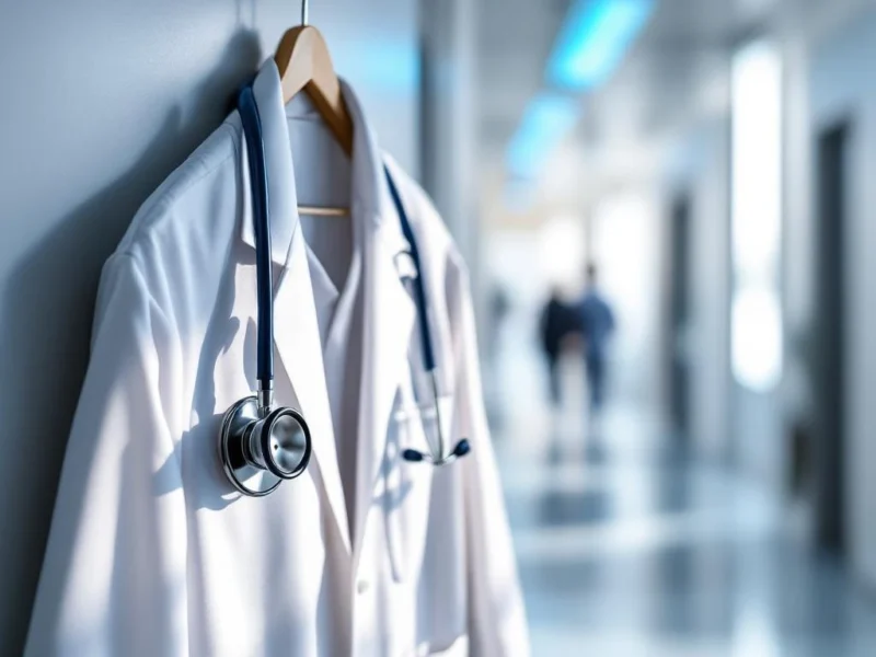 Stethoskop hängt an weißem Arztkittel im modernen Krankenhaus-Flur mit natürlichem Licht