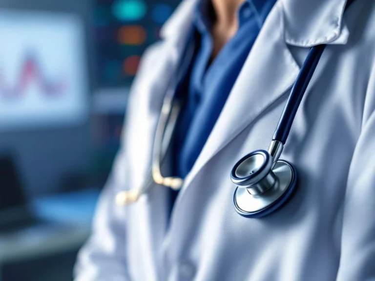 Stethoskop auf weißem Arztkittel mit medizinischen Geräten im Hintergrund, Gesundheitswesen und Arztpraxis