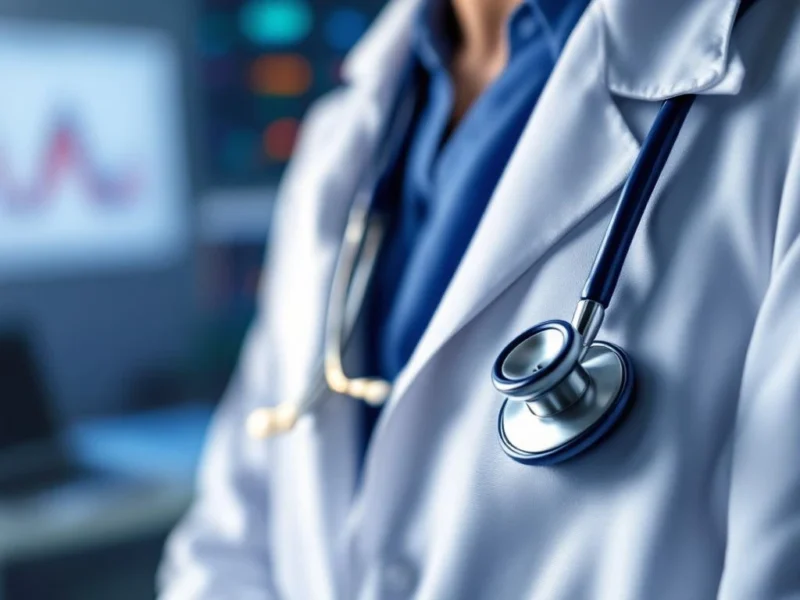 Stethoskop auf weißem Arztkittel mit medizinischen Geräten im Hintergrund, Gesundheitswesen und Arztpraxis