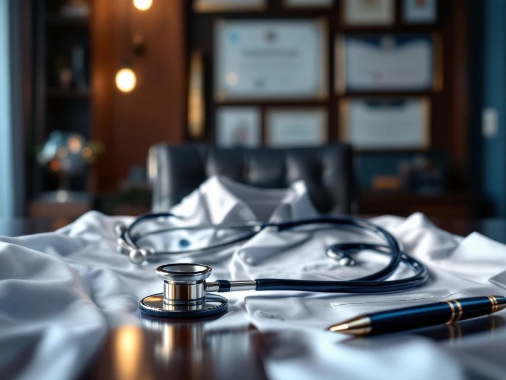 Stethoskop auf weißem Arztkittel auf Mahagoni-Schreibtisch mit medizinischen Diplomen an der Wand im Hintergrund