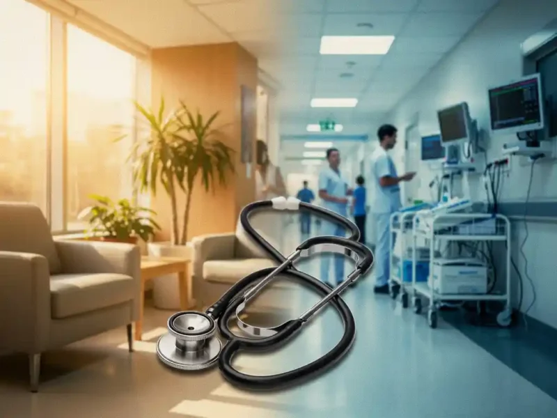 Stethoskop liegt zwischen heller Arztpraxis mit Pflanzen und geschäftigem Krankenhaus-Korridor mit medizinischen Geräten
