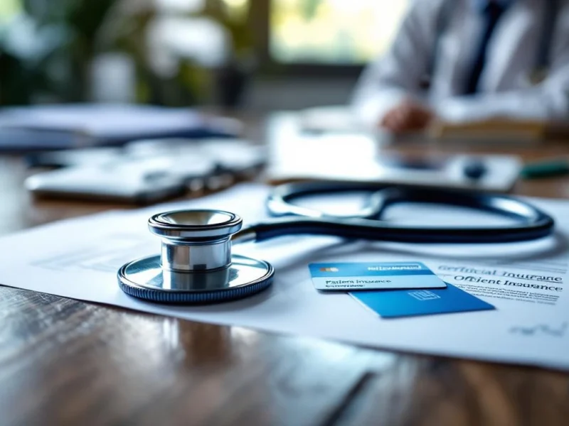 Stethoskop auf Gesundheitsdokumenten und Versicherungskarten am Arztschreibtisch mit medizinischer Ausrüstung im Hintergrund