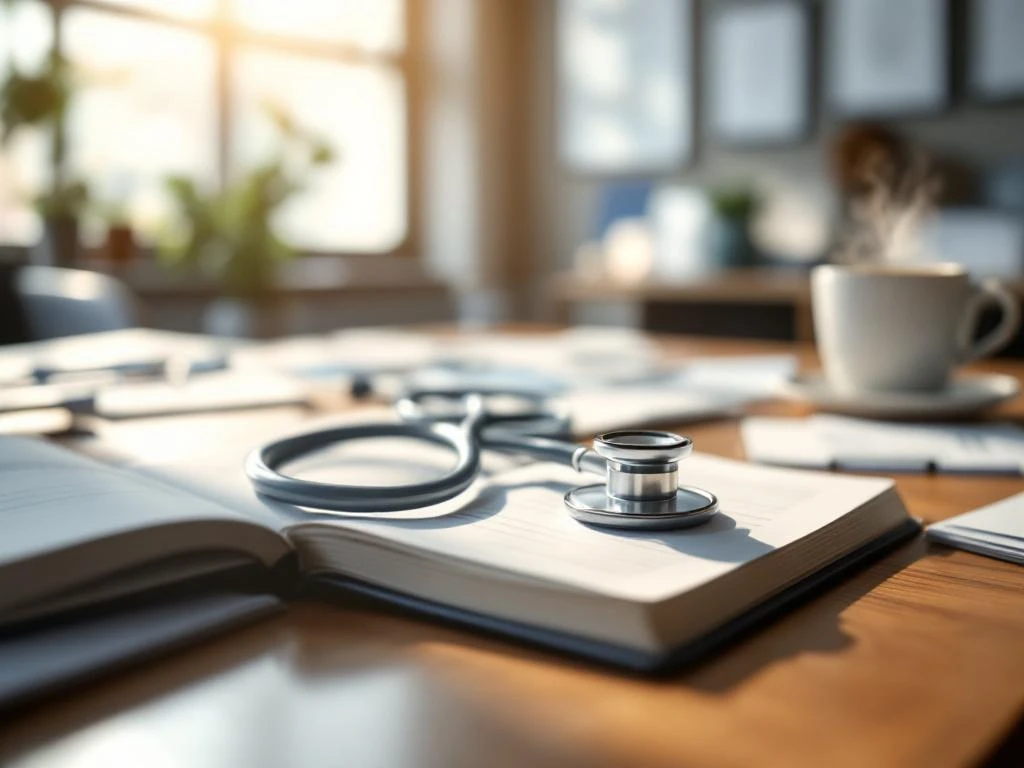 Stethoskop auf geöffnetem Terminbuch in Arztpraxis mit medizinischen Dokumenten und Kaffeetasse auf Holzschreibtisch