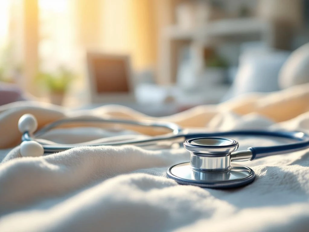 Stethoskop auf pastellfarbener Babydecke mit medizinischen Geräten im Hintergrund, natürliches Sonnenlicht