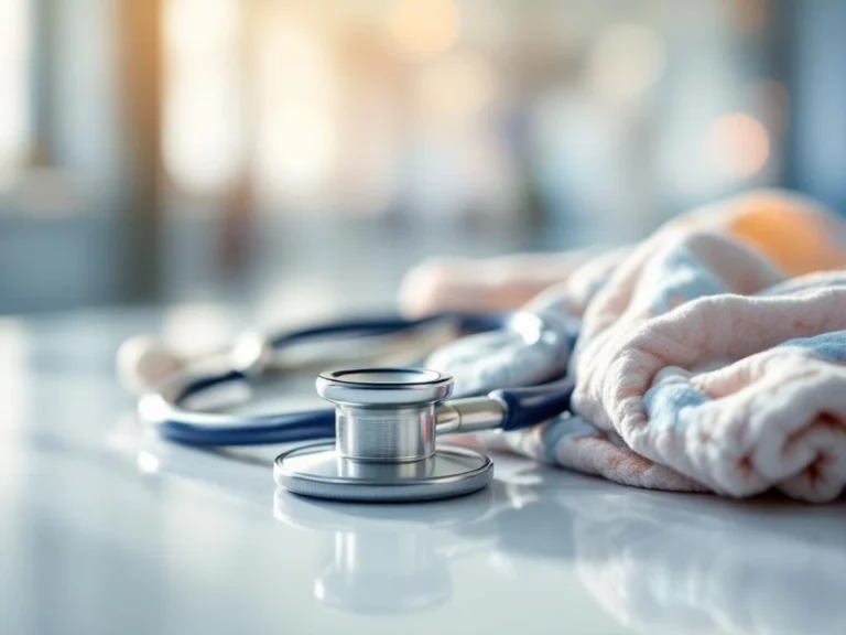 Stethoskop neben Babydecke auf weißer Oberfläche, Krankenhaus-Korridor im Hintergrund, symbolisiert Medizin und Familie