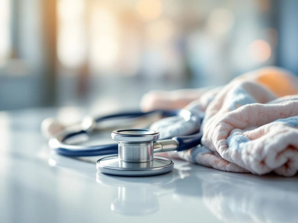 Stethoskop neben Babydecke auf weißer Oberfläche, Krankenhaus-Korridor im Hintergrund, symbolisiert Medizin und Familie