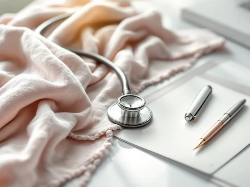 Stethoskop auf weicher Babydecke neben Stift und Arztdokumenten auf weißem Schreibtisch, warme Pastelltöne