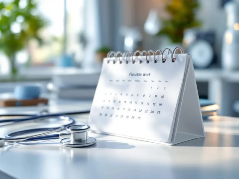 Stethoskop liegt auf offenem Kalender mit Arbeitszeiten auf weißem Schreibtisch, natürliches Licht, medizinische Ausstattung