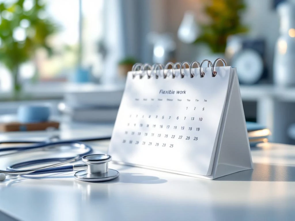 Stethoskop liegt auf offenem Kalender mit Arbeitszeiten auf weißem Schreibtisch, natürliches Licht, medizinische Ausstattung