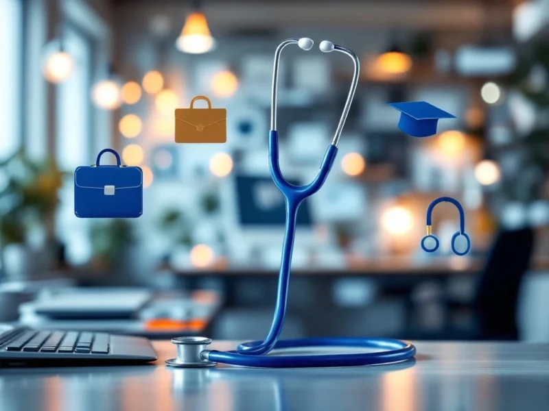 Stethoskop verwandelt sich in Karrieresymbole: Aktentasche, Abschlusskappe, Tastatur und Beratungstisch in Arztpraxis