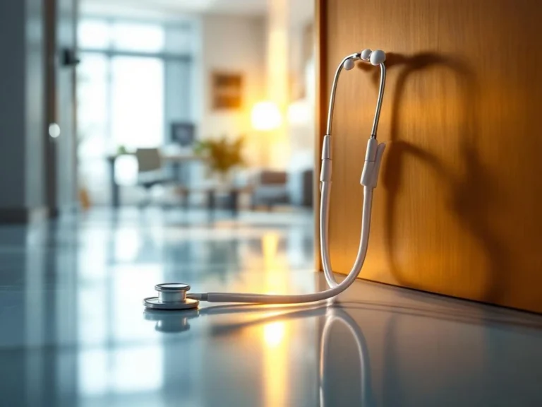 Weißes Stethoskop liegt über Türschwelle zwischen Krankenhauskorridor und hellem Arztpraxis-Büro
