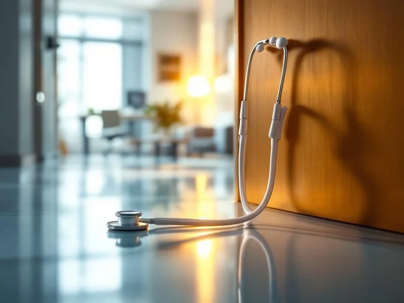 Weißes Stethoskop liegt über Türschwelle zwischen Krankenhauskorridor und hellem Arztpraxis-Büro